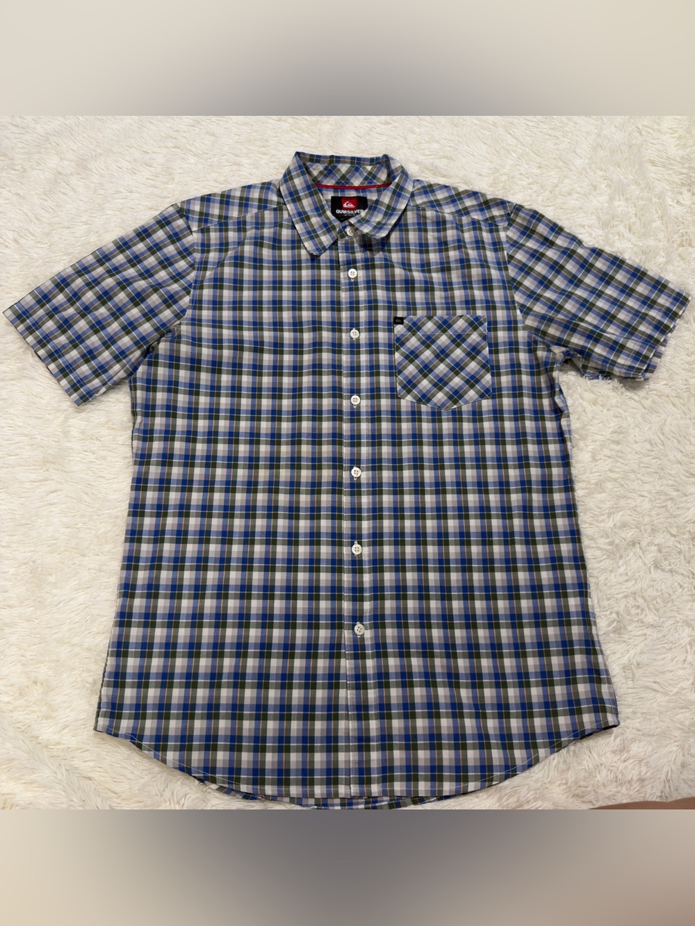 Quiksilver Men's Blue & Green Plaid Short Sleeve Button-Up